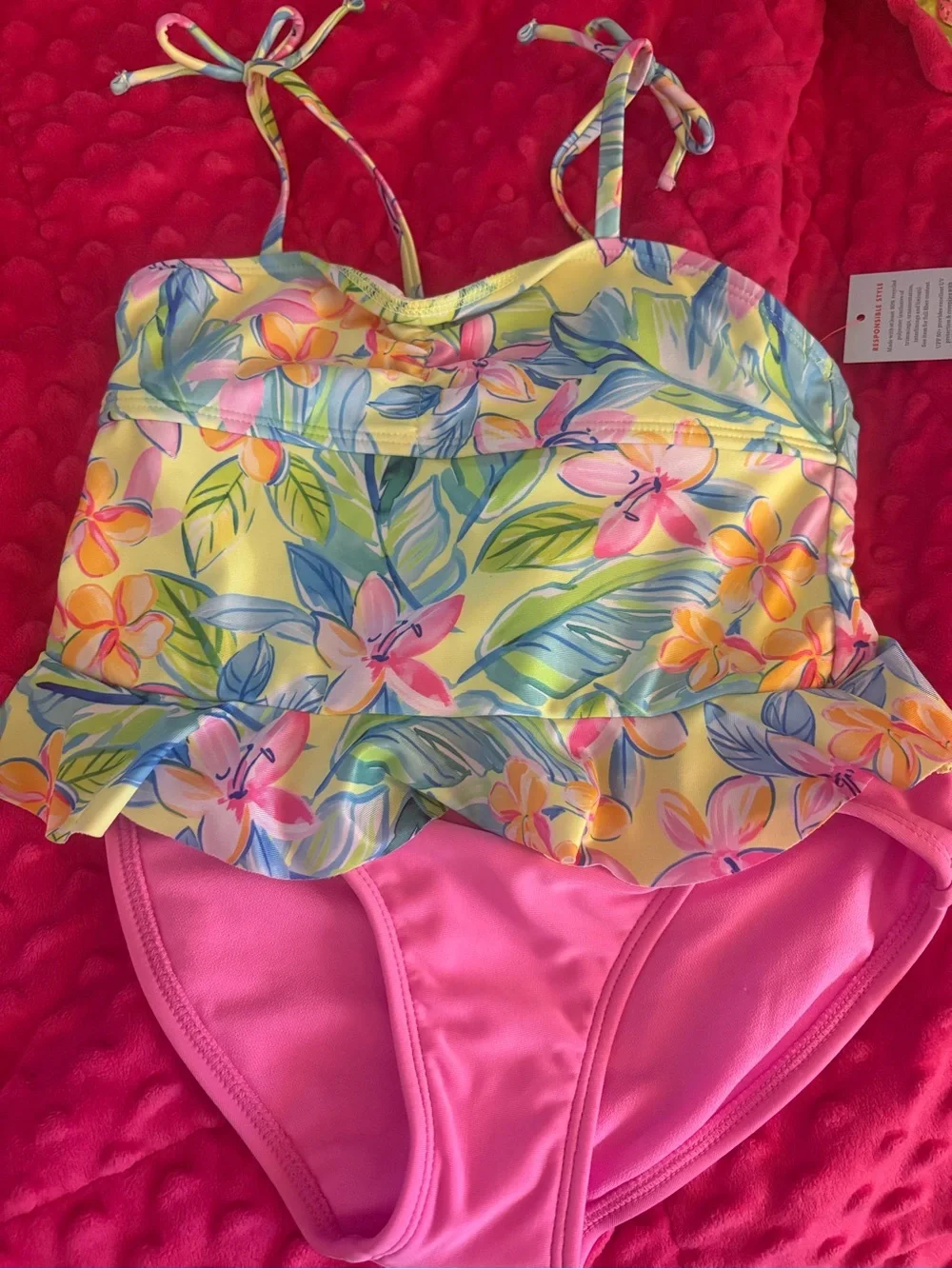 Girls' Floral Ruffle Tankini Swimsuit - Pink & Yellow 6/7